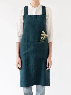 New Linen Tales Deep Water 100% Linen Crossback Apron